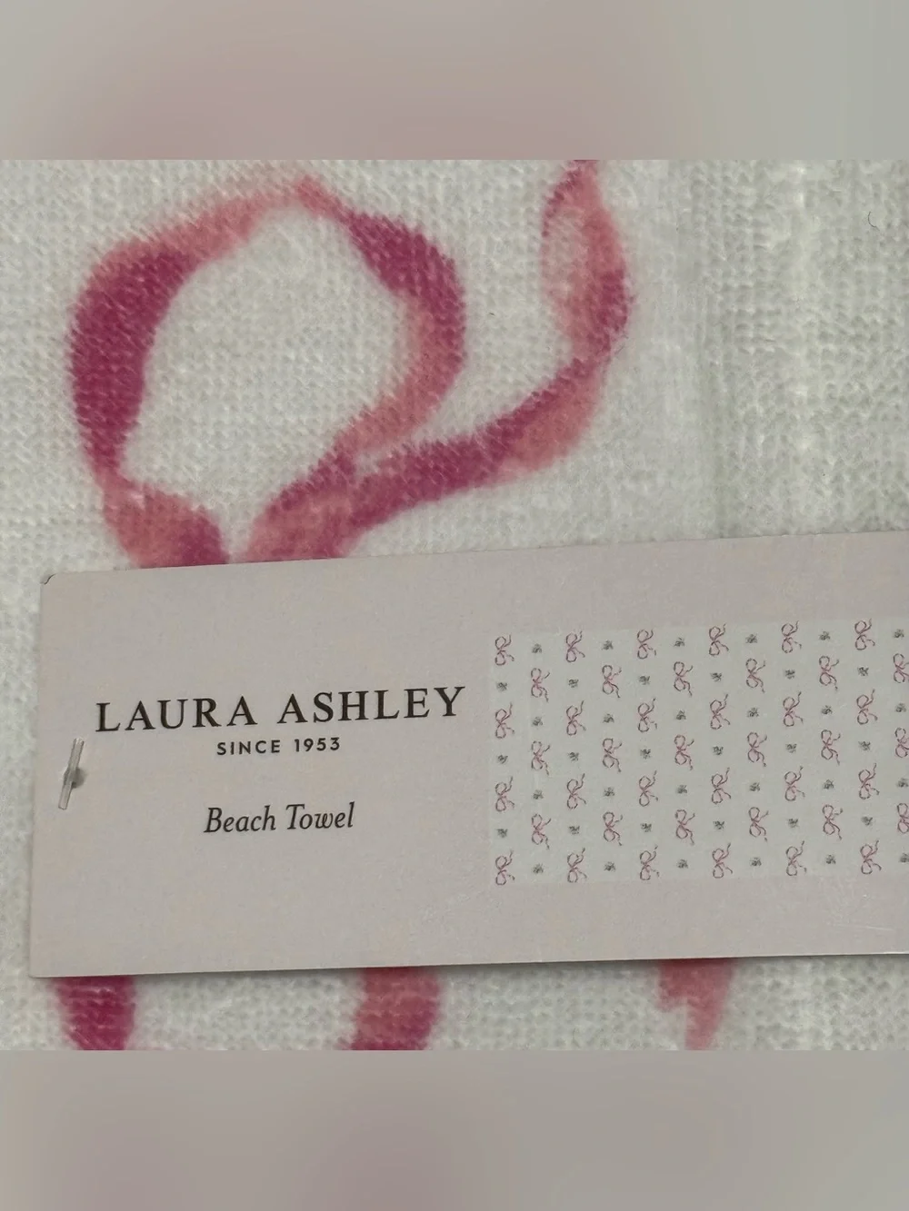 Laura Ashley Coquette Beach White Towel White Base Pink Ribbon & Rosebud Motif